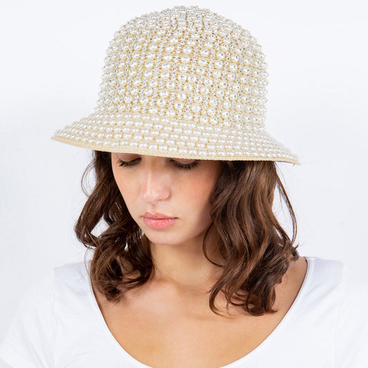 Pearl Rhinestone Embellished Straw Bucket Hat Ivory
