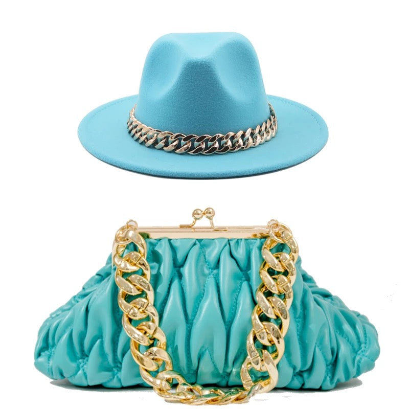 Fedora With Large Chain And Bag Set Teal