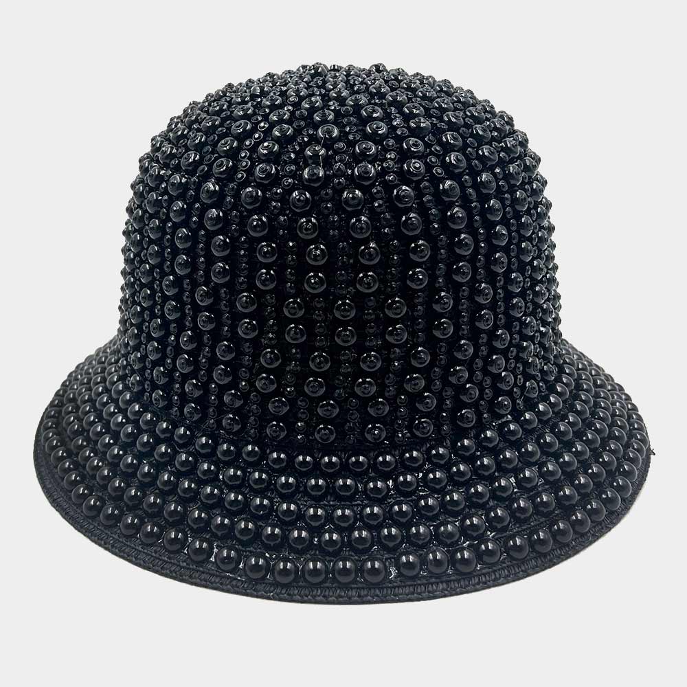 Pearl Rhinestone Embellished Straw Bucket Hat Black