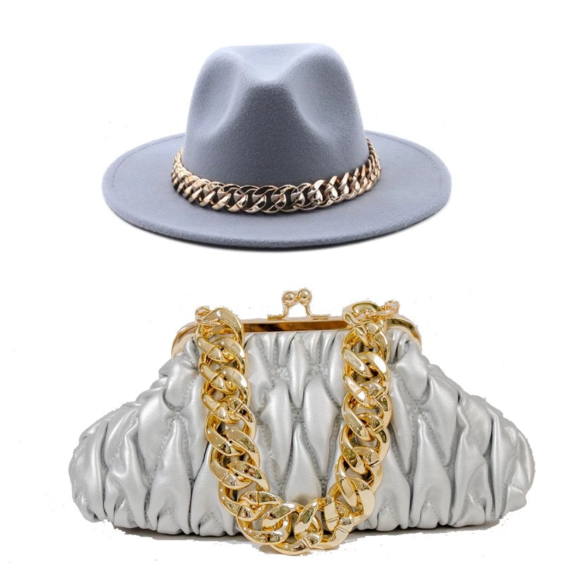 Fedora With Large Chain And Bag Set Grey