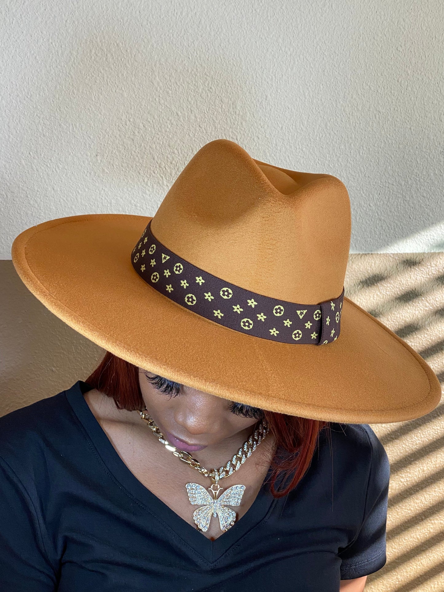 Luxe Band Wide Brim Fedora Camel Dk