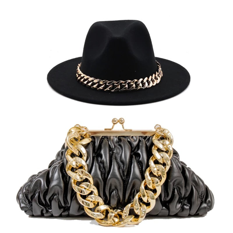 Fedora With Large Chain And Bag Set Black