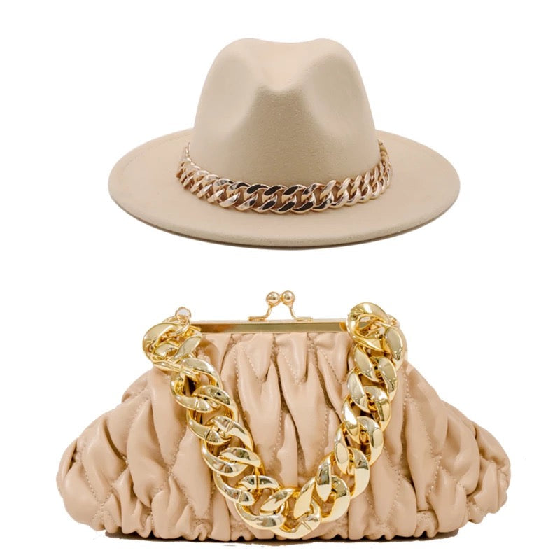 Fedora With Large Chain And Bag Set Beige