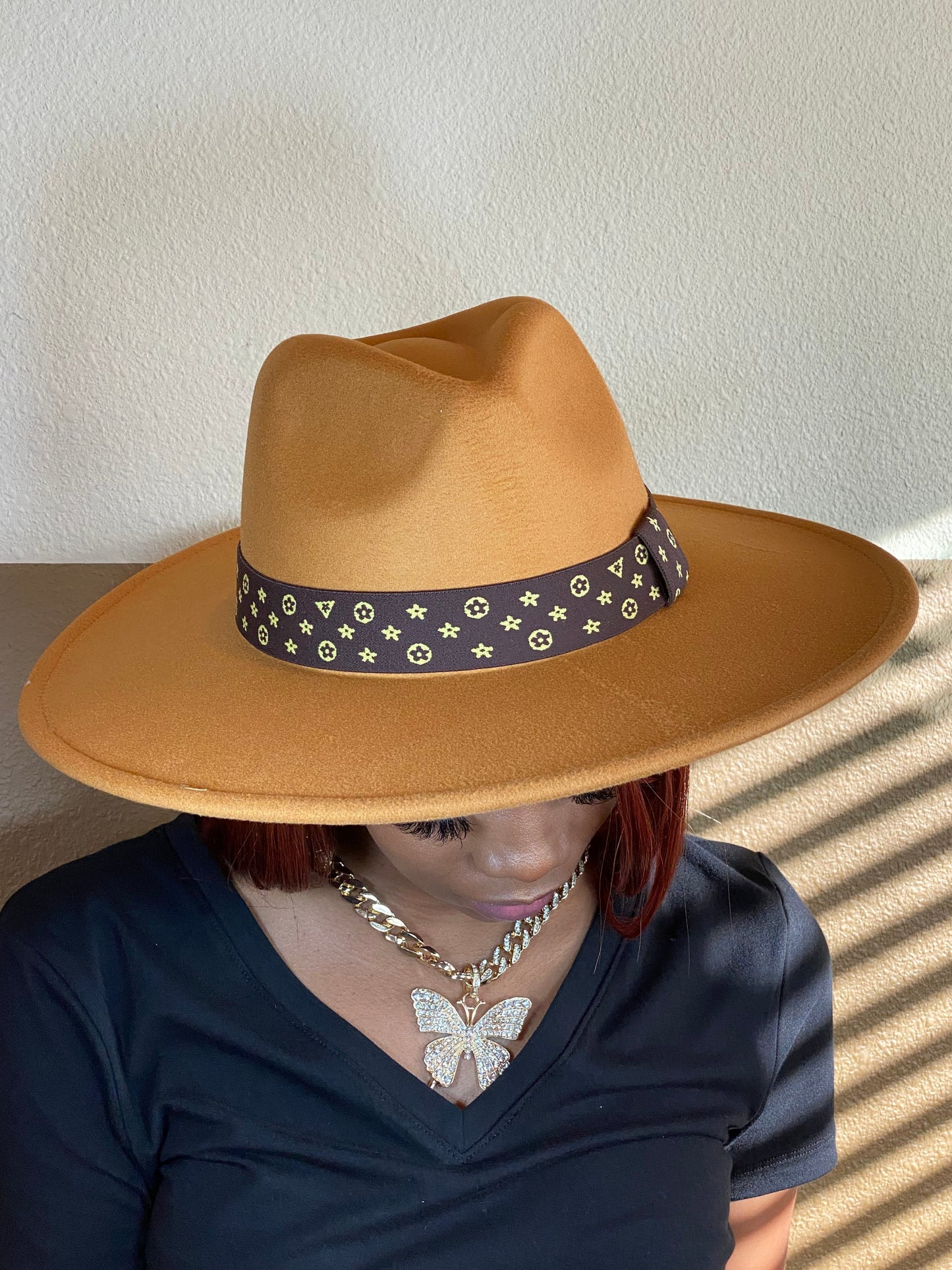 Luxe Band Wide Brim Fedora Camel Dk