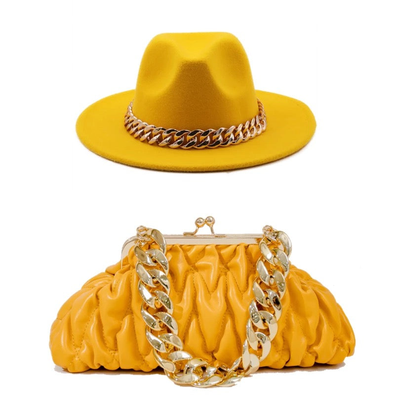 Fedora With Large Chain And Bag Set Yellow